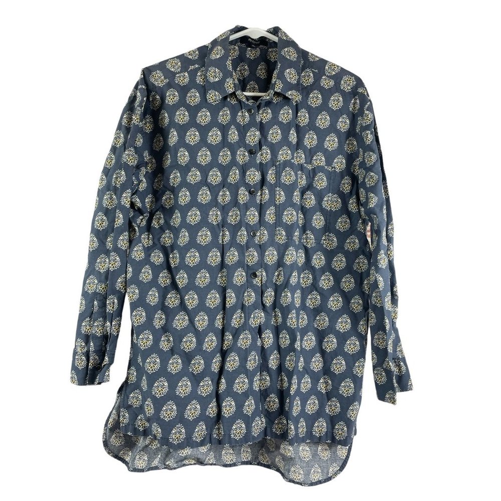 MADEWELL Women's Medium Button Down Shirt Blouse M Blue Gold and White